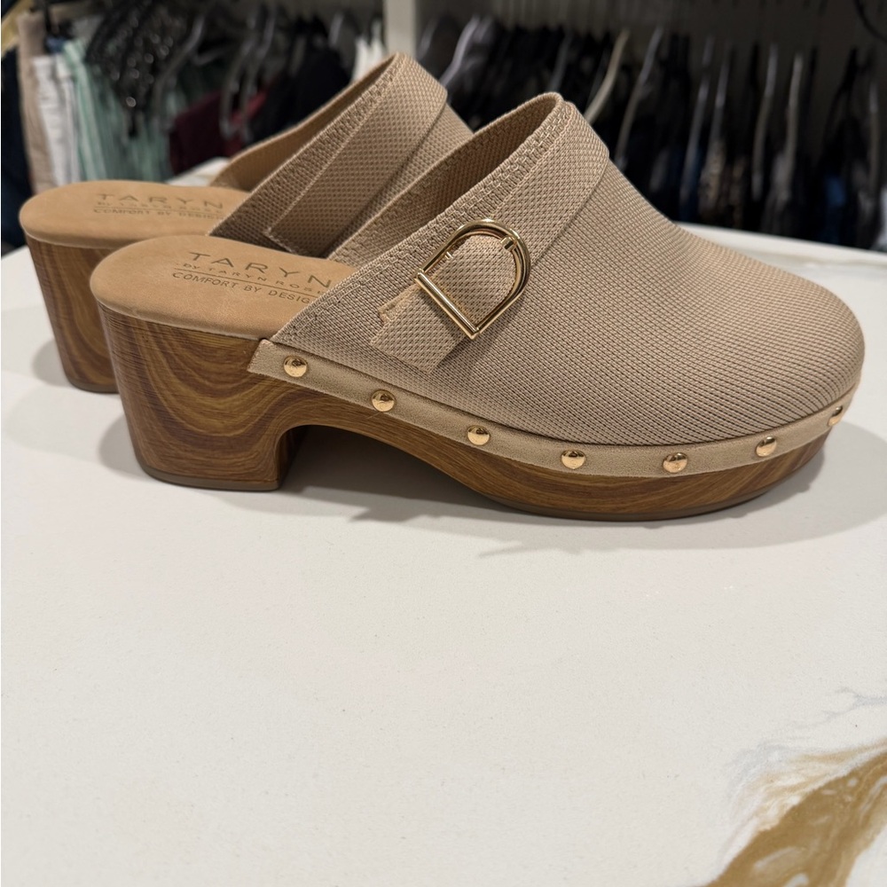 Taryn Rose Women's Beige Clogs with Gold Accents